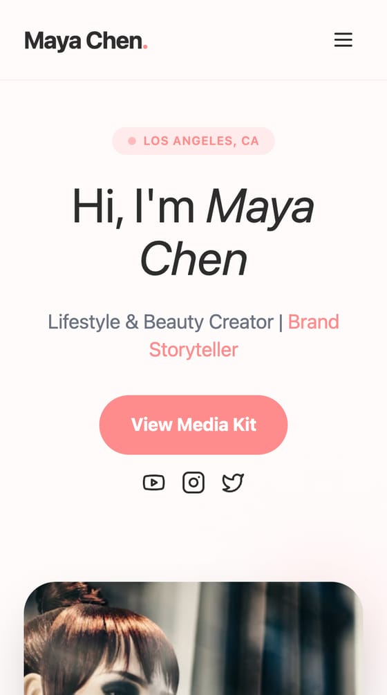 Maya Chen creator portfolio example - showing media kit, audience stats, and brand collaborations